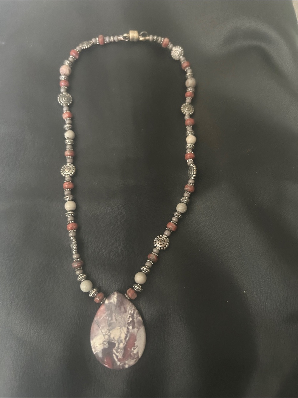 Handcrafted Pink and Beige Stone Teardrop Pendant Necklace